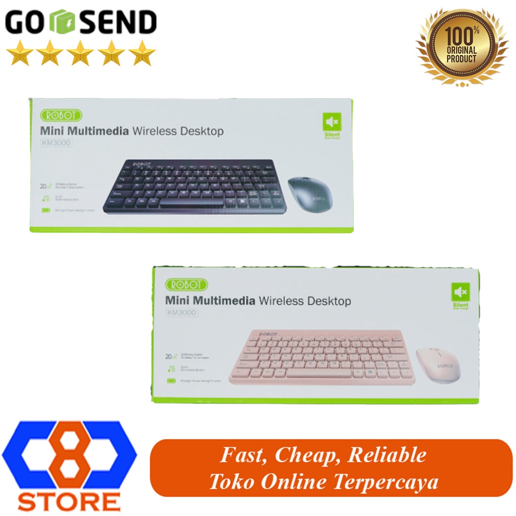 KEYBOARD MOUSE SILENT COMBO MINI PORTABLE ROBOT KM3000 READY WARNA HITAM - PINK