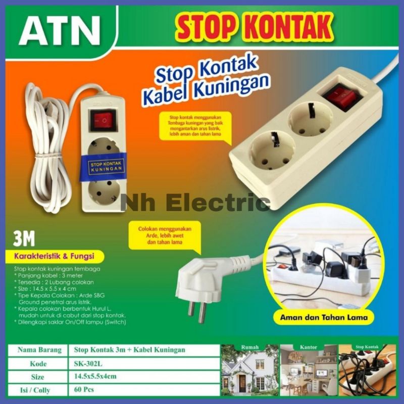 S/k 2L + Cabel Arde (3 Meter) Atn - Stop Kontak 2 Lubang Arde On/Off (3 Mtr) Atn - Stop Kontak 2L + Kabel Arde (3 M) Atn