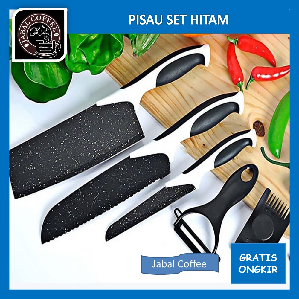 Knife Set 5 In 1 / Pisau Set Hitam 5 In 1 Maifan / Set 3 Pisau Peeler Serrated Cutter