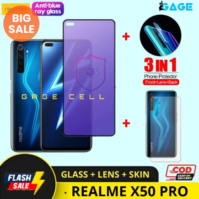 3 IN 1 Tempered Glass Anti Blue Light Realme X50 Pro TG Antigores Radiasi Realmi X50pro Full screen