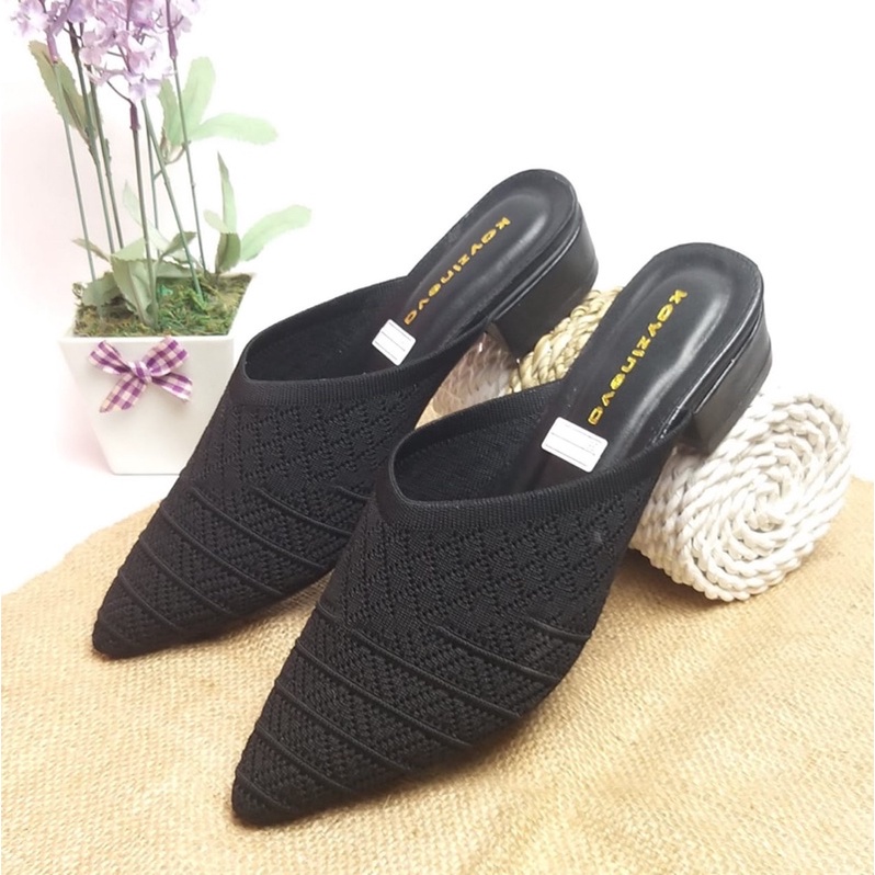 Kayzineva Sepatu Wanita Slip On Mules Rajut Import Hak 3cm