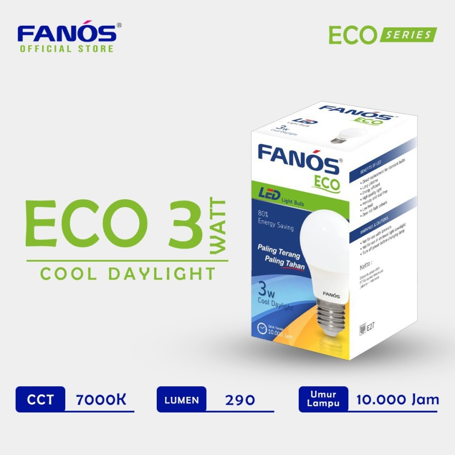 Fanos Lampu Led Eco 3 Watt - Bohlam Bergaransi 3W 3Watt 3 W Putih / Cool Daylight