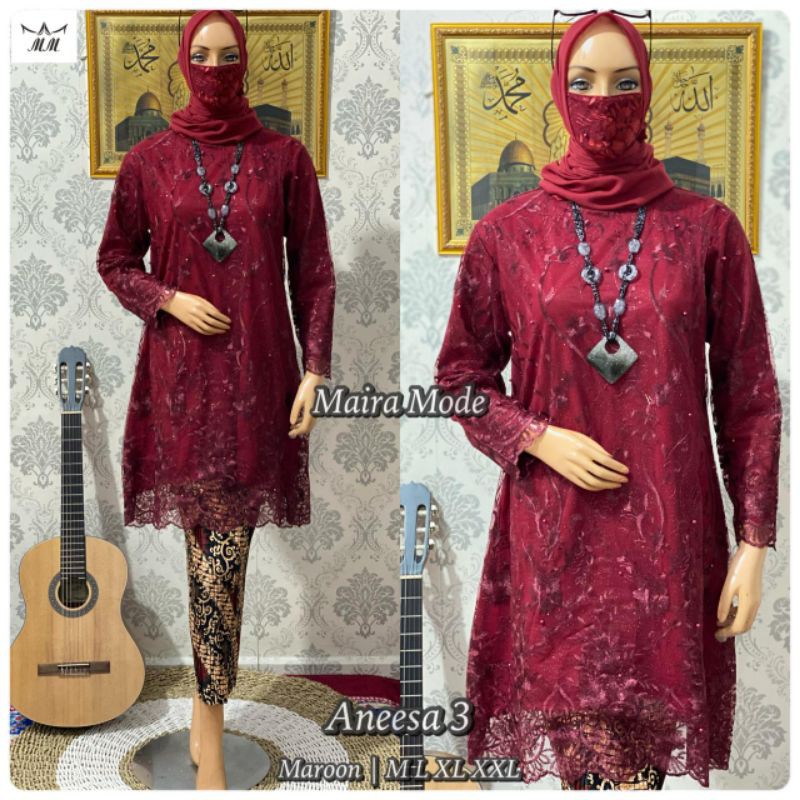 SET KEBAYA TUNIK TULLE - KEBAYA TUNIK ANEESA 2 - KEBAYA WISUDA - KEBAYA KONDANGAN - KEBAYA BROKAT-Maroon