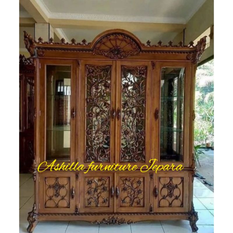 lemari kaca kayu jati.Almari hias kaca kayu.lemari pajangan ukir.almari rak buku.