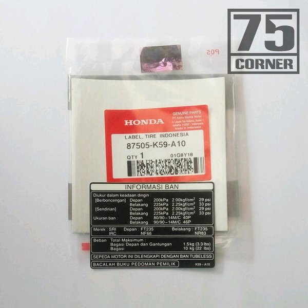 Honda Vario eSP PCX Beat Scoopy Pop FI Street F1 Label Tire Tempelan Informasi Ban Tekanan Angin