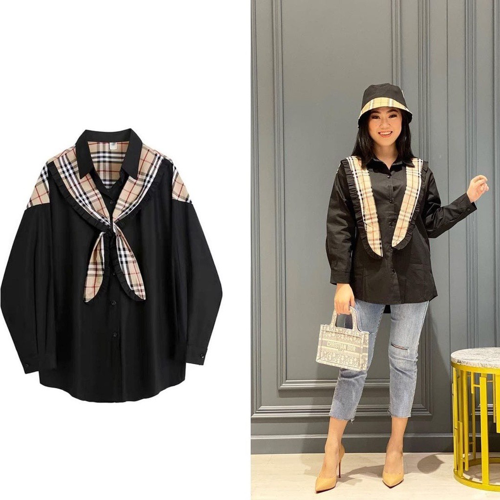 Tq88indonesia Fashion Baju Kemeja Wanita Lengan Panjang Terbaru / Kem Flipi Top / Hem  Katun Cewek / Ootd / Kemeja Dasi Cewek / Kem Polos Kombinasi / Pakaian Santai Wanita