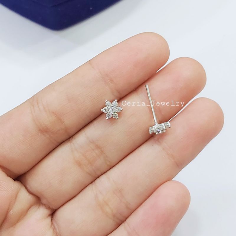 Anting Tusuk Perak Asli Silver Wanita Dewasa 925 Lapis Emas Putih Model Bunga Permata - Perhiasan Perak Wanita Anti Karat