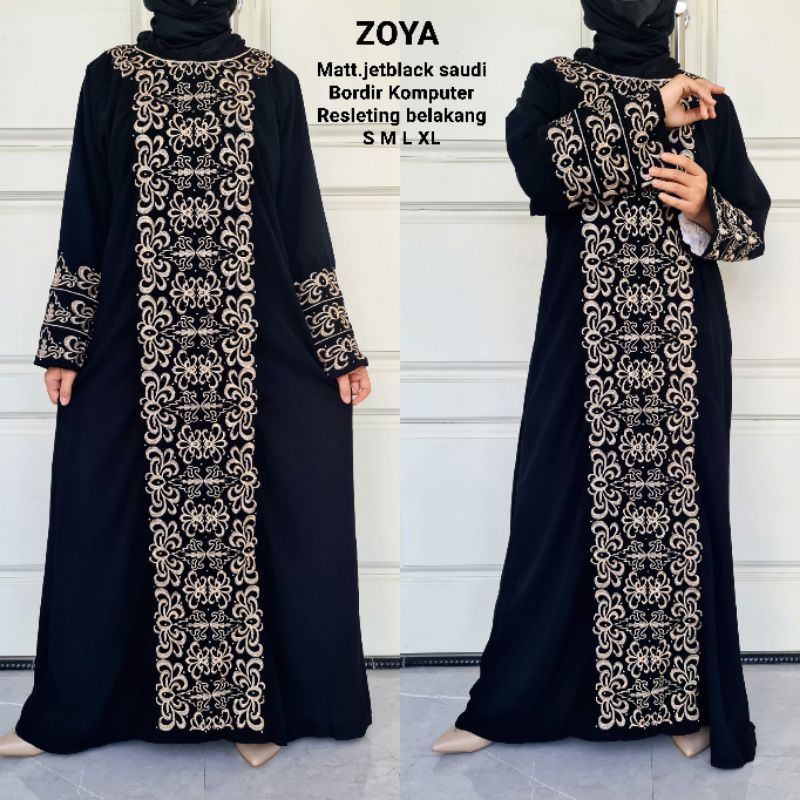 DRESS MAXI PESTA ARAB BORDIR ZOYA BY SABELLAABAYA BAHAN JETTBLACK SAUDI EXCLUSIVE S M L XL