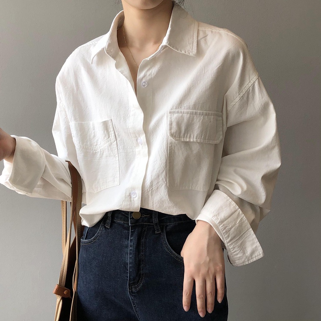 Kemeja Linen Oversize Wanita Pocket / Atasan Cewek Korea Terbaru  92