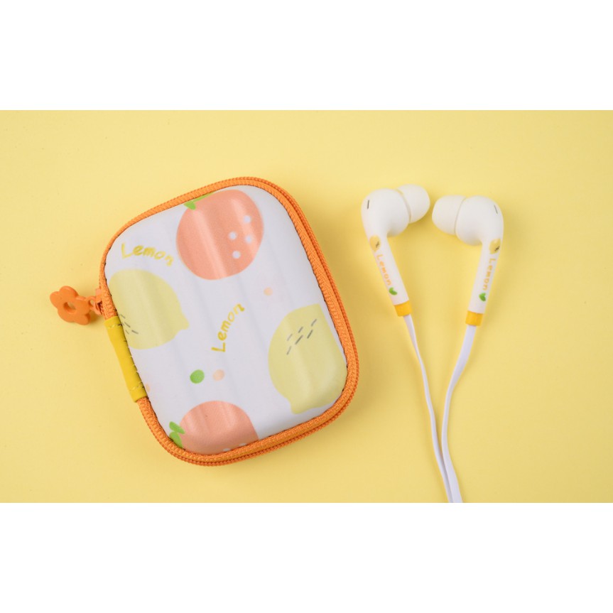 [ED-1018] Headset Earphone KOPER Motif BUAH-BUAHAN + Wadah Earphone Buah-Buahan Cantik Simple Elegan