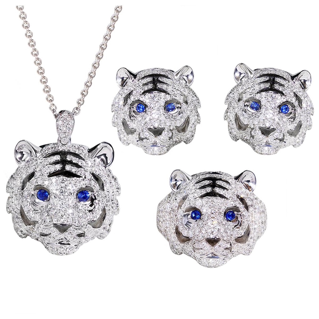 Set Anting Stud Kalung Cincin Berlian Sapphire Tiger Girl Bahan Stainless Untuk Aksesoris