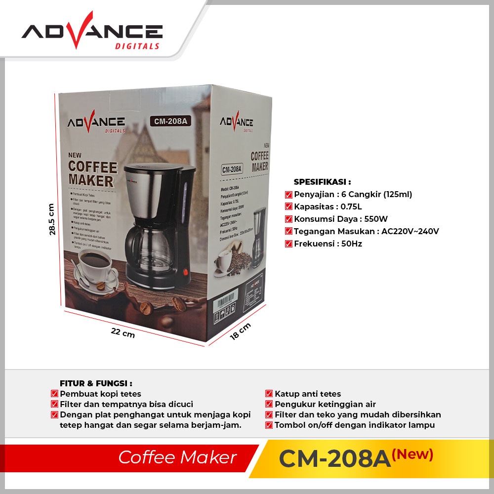 【Ready Stock】Advance Coffee Maker Mesin Kopi CM208A-0.75L / CM218-1.2L / CM228-1.5L  Automatic Coffe Machine