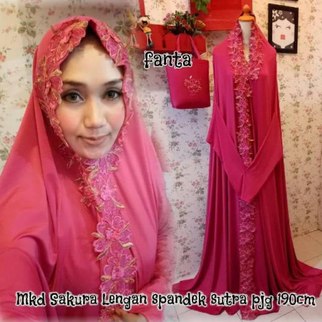 Mukena dubai berlengan mewah cantik elegant terusan spandek sutra abaya renda bordir sakura fanta