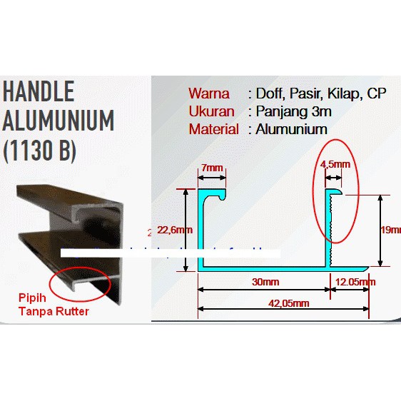 Jual Edging Handle Aluminium GP37 HP30 Chrome Kilap Tepi Pipih Tanpa