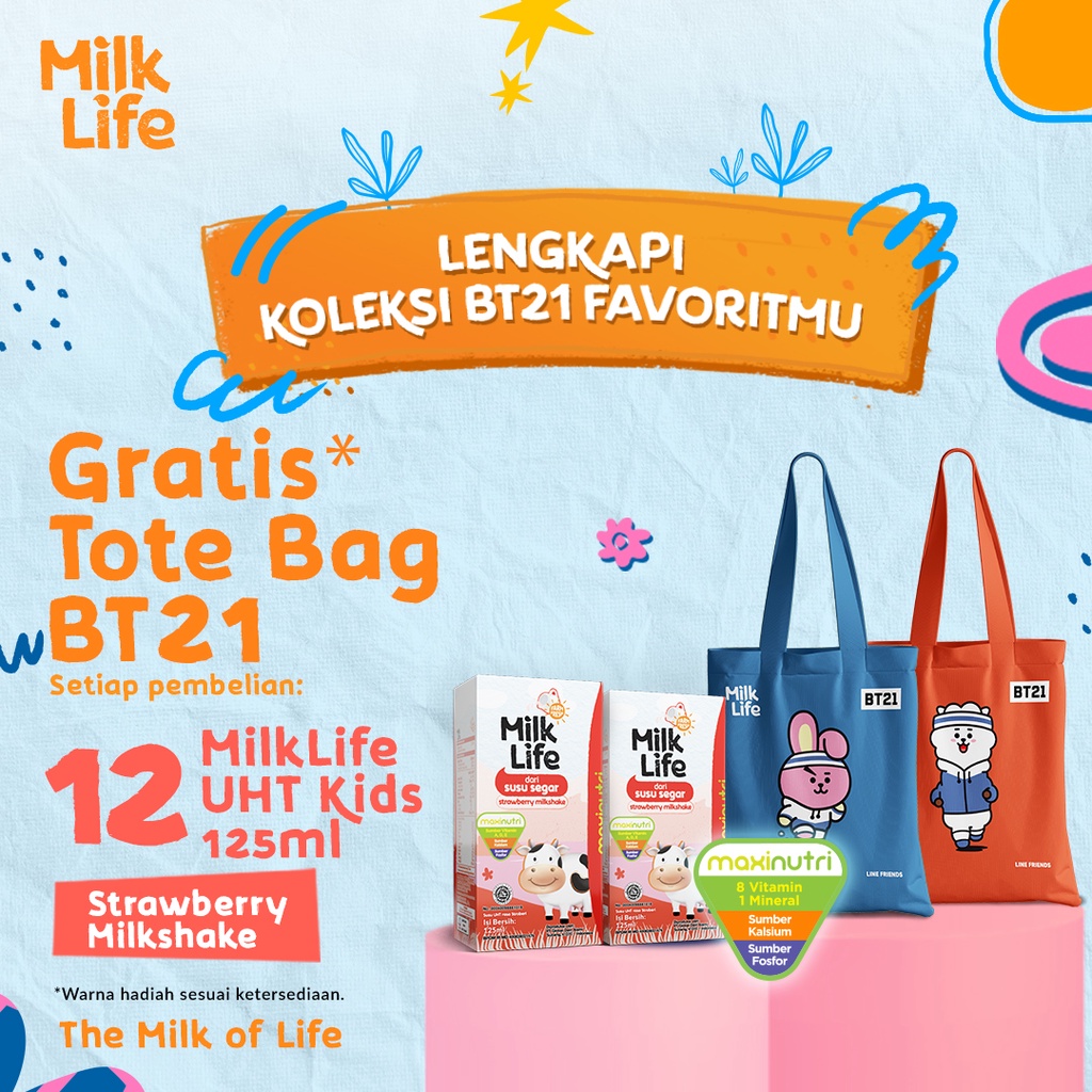 MilkLife Stroberi Milkshake - UHT Kids [12pcs/Tetra Slim Leaf 125 ml] - FREE Tote Bag Special BT21