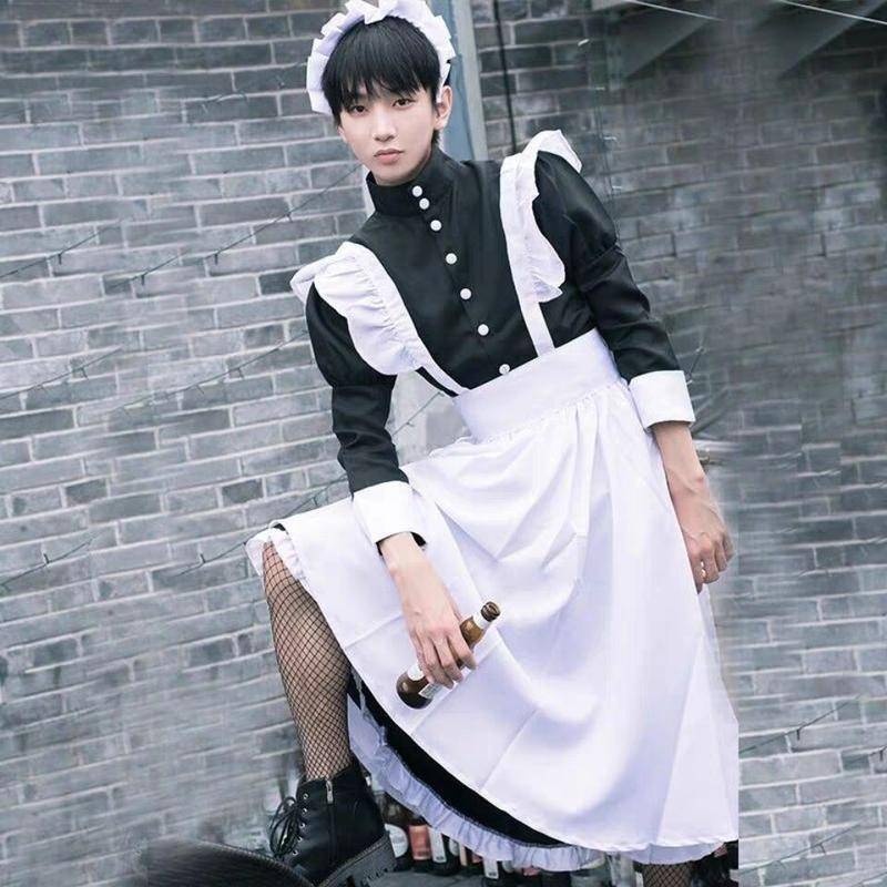 【Wetrose】Pria Wanita Memakai Cosplay Lucu Jepang Lolita Anime Pembantu Loli Hitam Panjang Gaun Kostum Maid Costume Suit