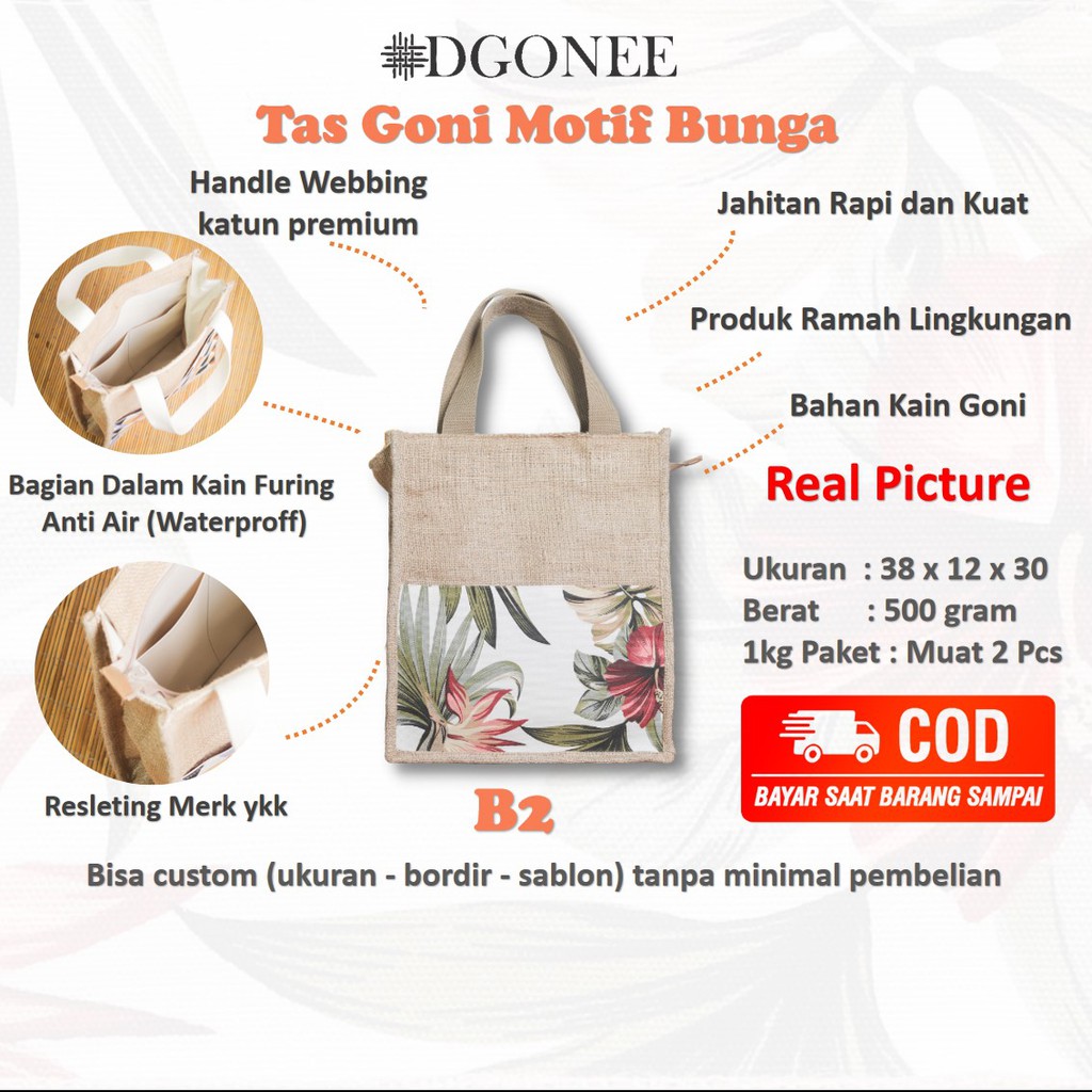 Dgonee B2 Motif Bunga Tas Tote Bag Totebag Goni  Belanja Kerja Kuliah Wanita Custom | B205