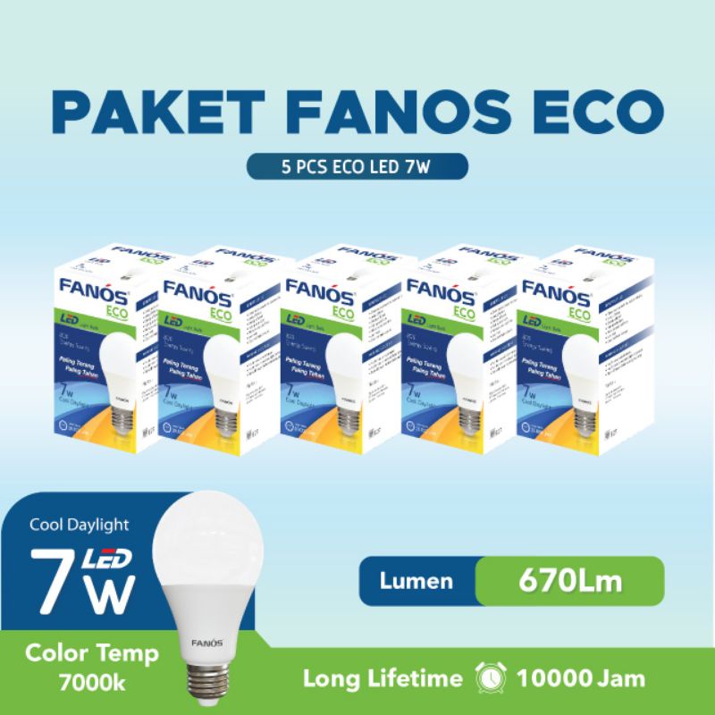 Paket 5 pcs Lampu Led Fanos Eco 7 watt Cahaya Putih Garansi 1 Tahun