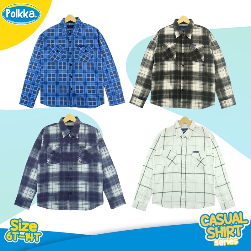 Kemeja Panjang Polkka Flanel Anak Laki Laki - Baju Lebaran Cowok Lakilaki Usia 6 8 10 12 14 Tahun