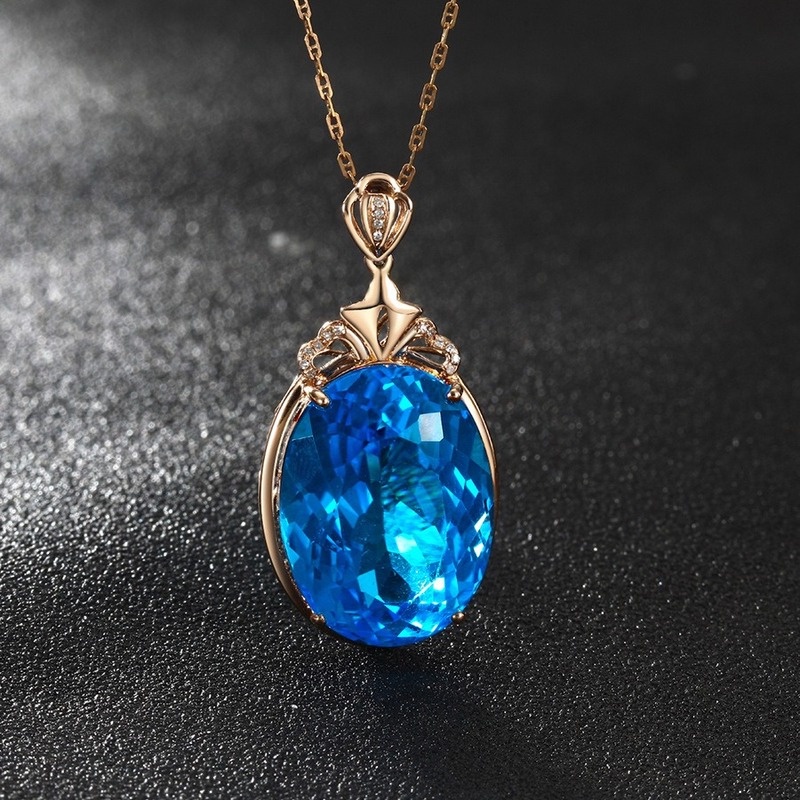 [Ready Stock]Fashion Inlaid Sea Blue Gemstone Pendant 18K Rose Gold Plated Necklace