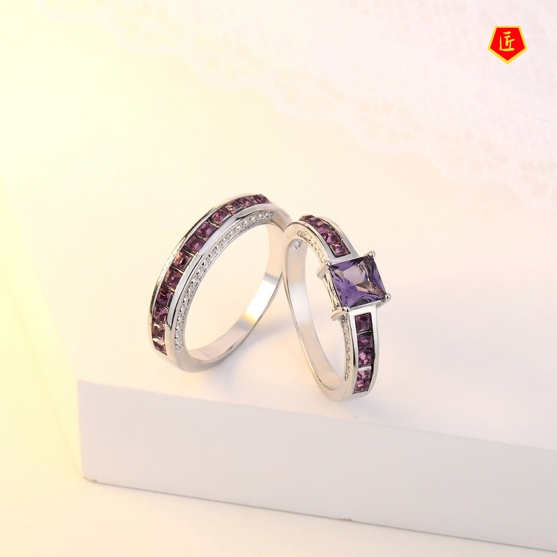 [Ready Stock][Ready Stock]Inlaid Amethyst Square Diamond Ring Set European and American Ladies Fashion