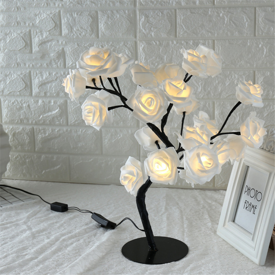 LED Rose Flower Tree Shape Table Lamp/Battery Powered Table Night Light Lights/Wedding Party Bedroom Bedside Desk Decoration Lighting Lamp