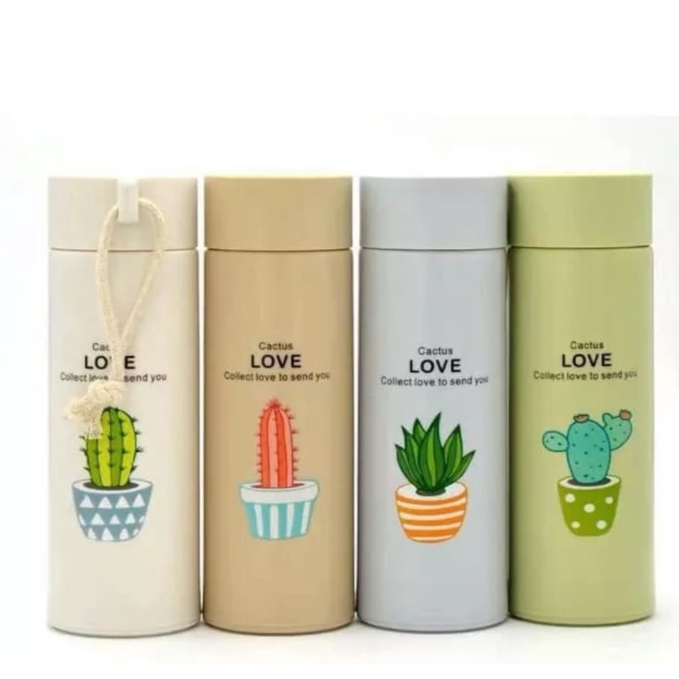 Botol Minum Kaca 450ml Karakter Motif Kaktus Lucu Unik Warna Warni Korea Cantik Free BPA Tahan Panas-Tempat Minuman Bahan Kaca Aesthetic Cover Plastik Thermos Tumbler Air 450 ml Murah Mini