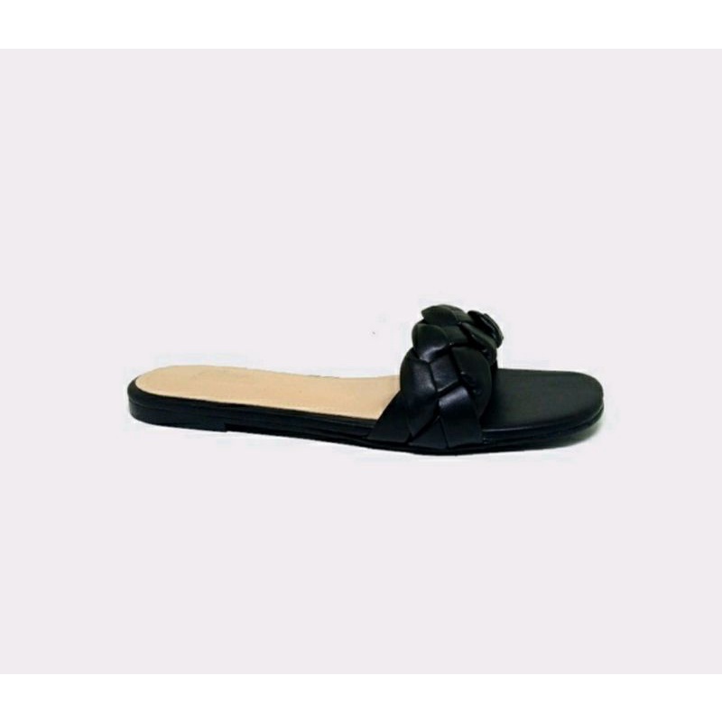 Sandal Qeis-1Black Big Size 41-45 Sendal Kepang Wanita Kulit Hitam / Sandal Kulit JUMBO Kaki Lebar Gemuk, 42