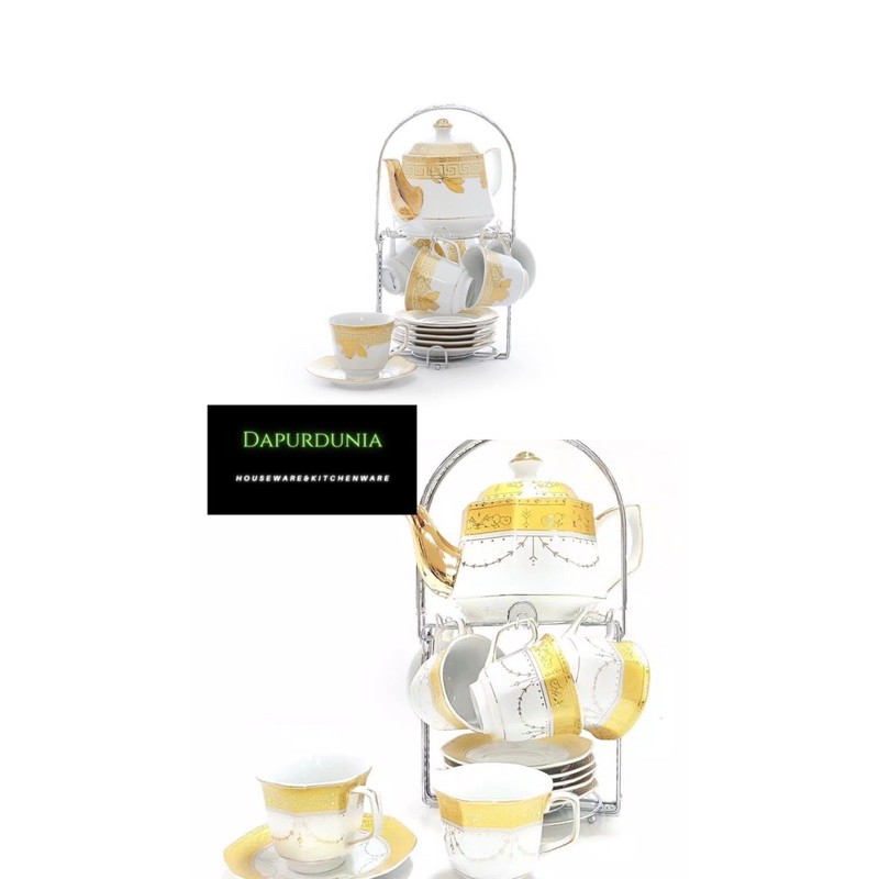 Teko set keramik vicenza kembang gold ( C78 ) motif padi / lily