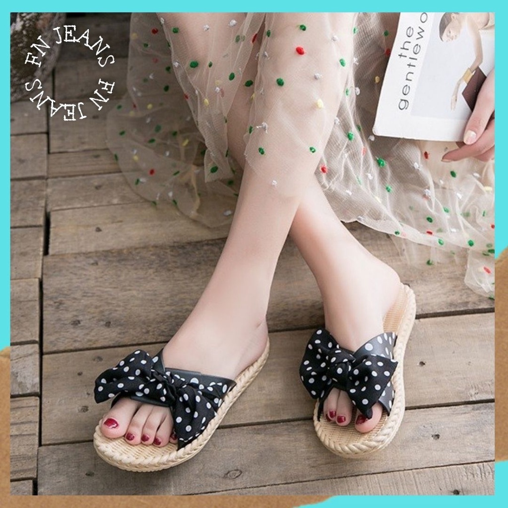 Sendal Fashion Wanita Sendal Corak Pita Polkadot Hitam Putih SPW 52