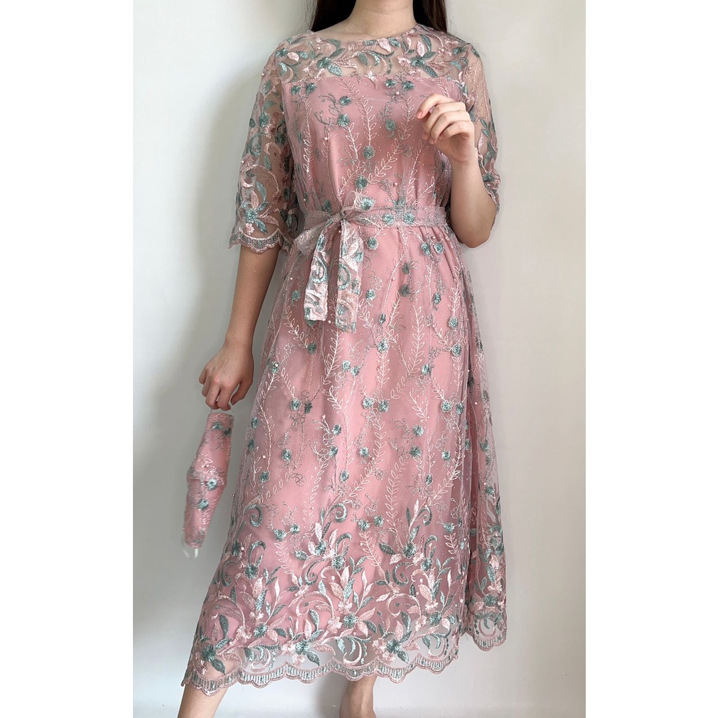 New Product Ken-228 Longdress kondangan Untuk Pesta Long Dress Hijab Long Dress Muslim Long Dress Korea Look Full Tulle Bordir  Free Tali Pinggang