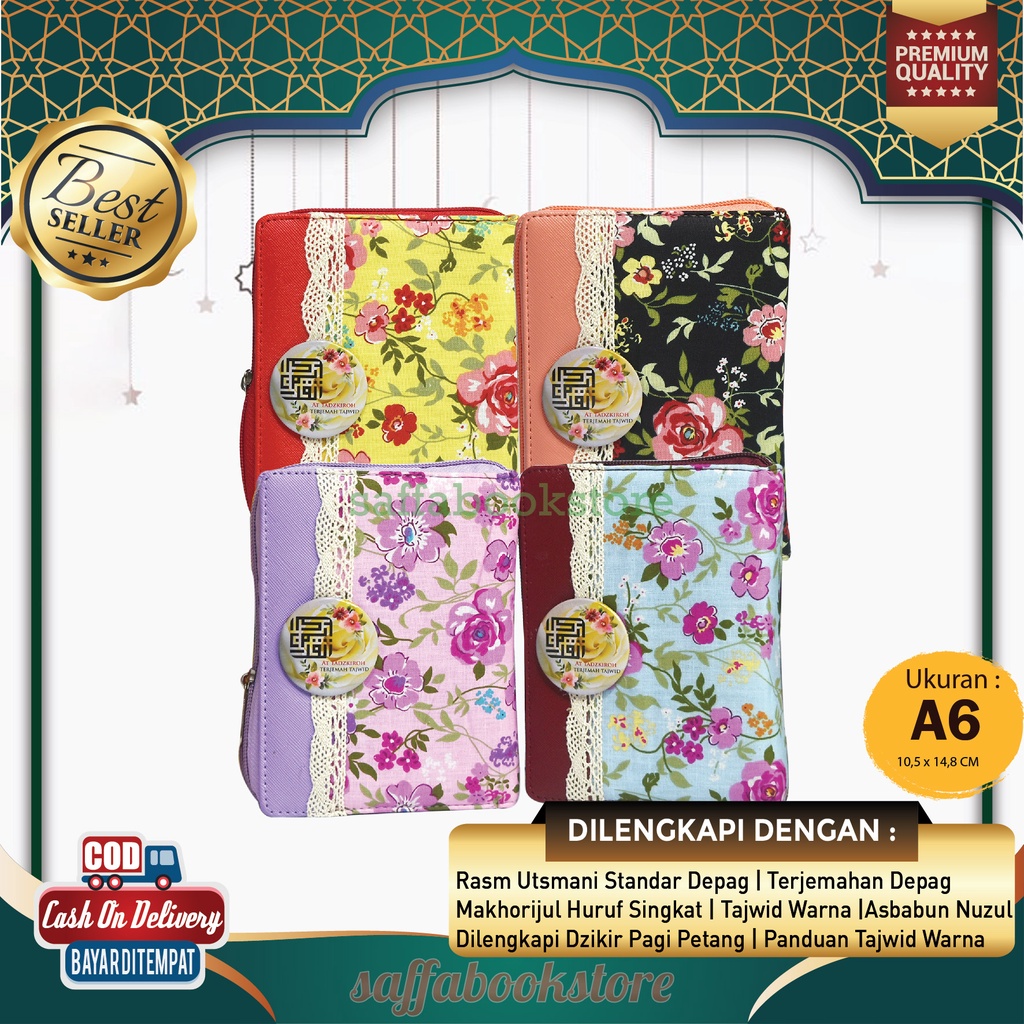 Alquran Muslimah Cantik At Tadzkiroh Resleting Motif Bunga Terjemah Tajwid Berwarna Ukuran A6 Cover 