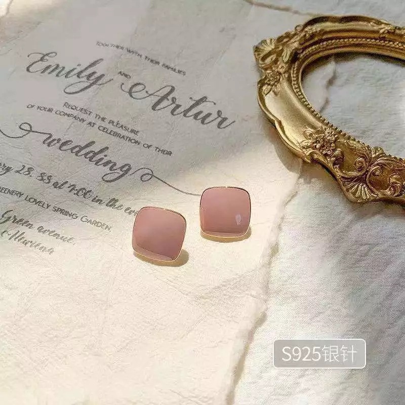 Anting Persegi Warna Retro Elegan S925 Jarum Perak Akrilik Warna Solid Anting-anting Wanita-pink