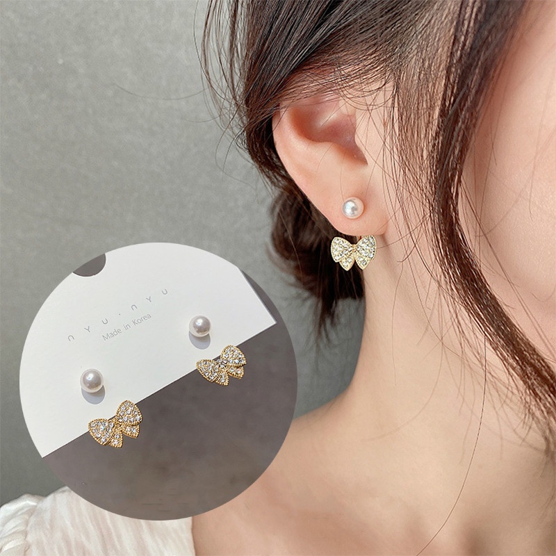 Korean Girly Style Bowknot Imitation Pearl Simple Sweet Women Earrings for Girlfriend Gift