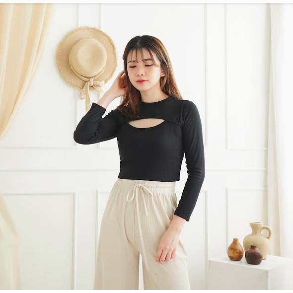 Korean Longsleeve Crop Top Korea Kaos Baju Lengan Panjang Wanita 074