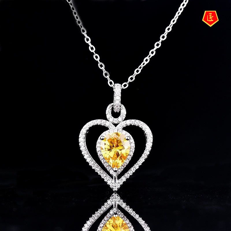 [Ready Stock]Yellow Diamond Love Heart Pendant Colored Gems Necklace Simple Fashion