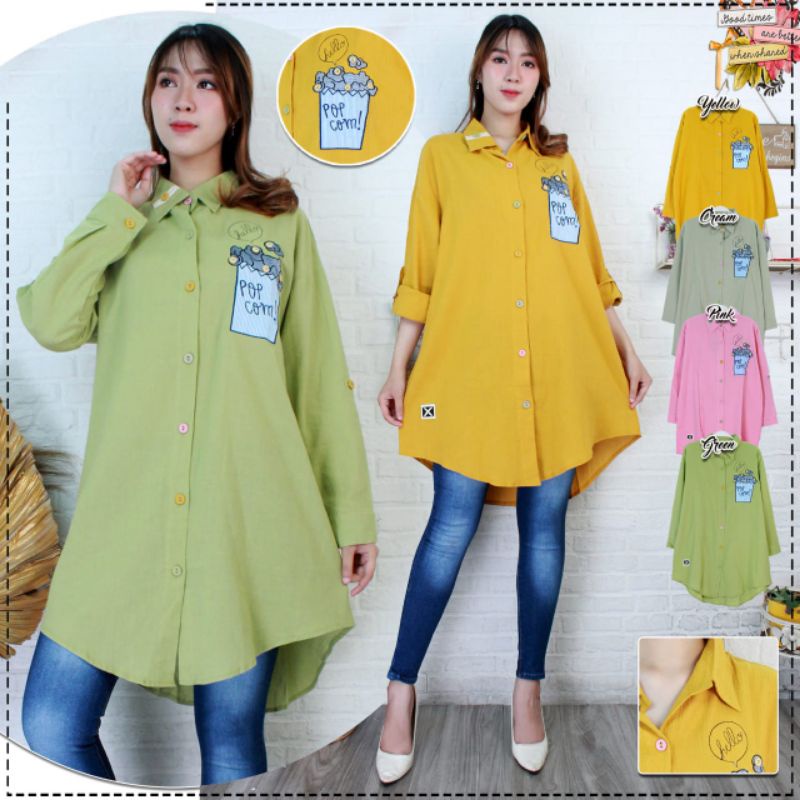 Tunik kemeja katun Linen import bordir popcorn 389
