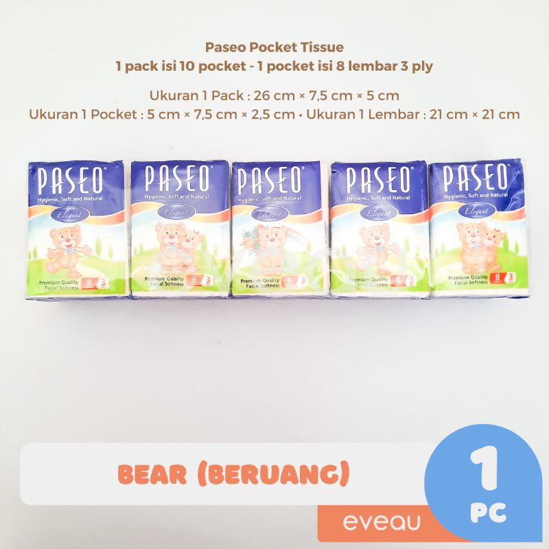 Paseo Pocket Elegant Facial Tissue Isi 10 @ 8 sheets 3 ply Tisu Wajah-Bear (Beruang)
