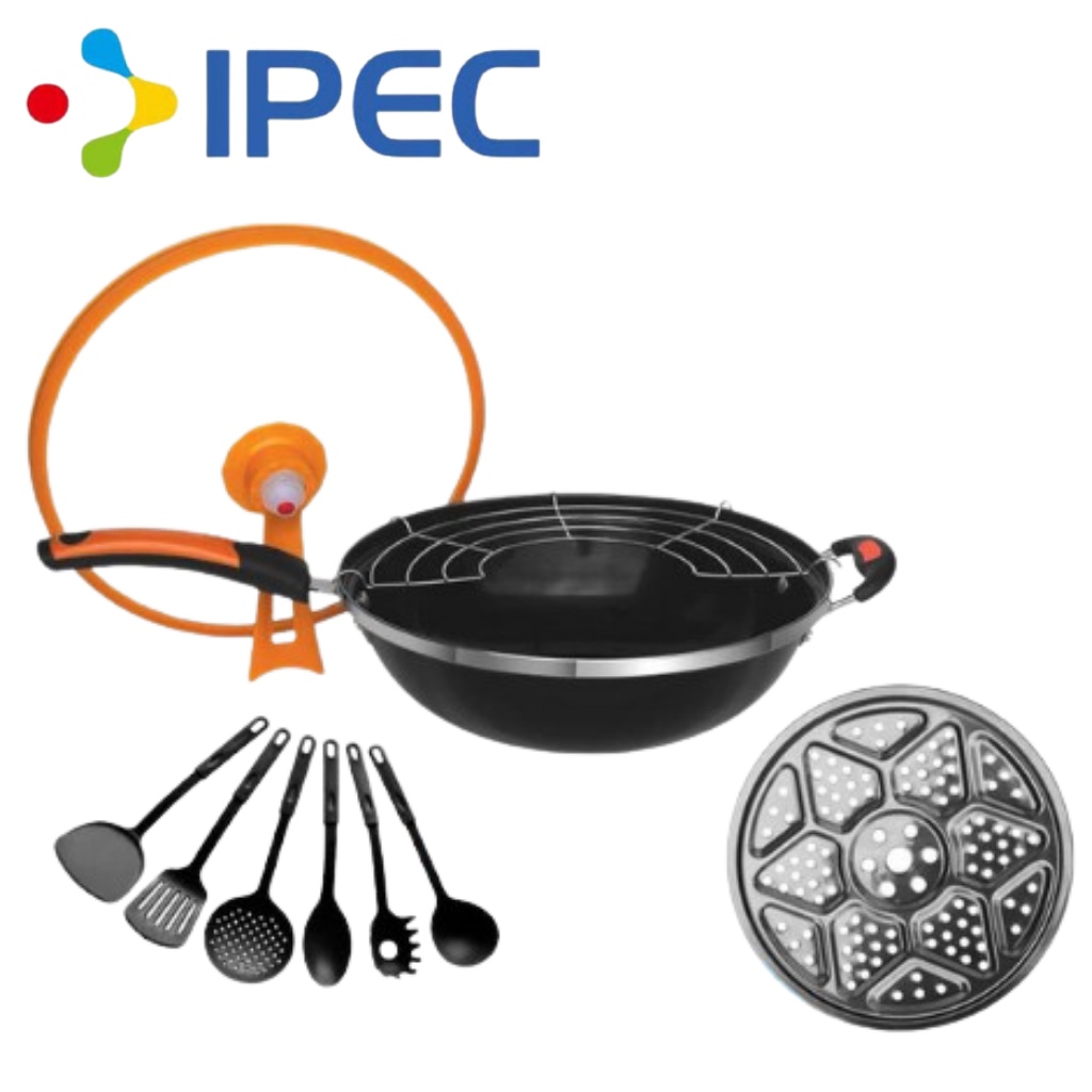 Panci wajan Set Panci penggorengan serbaguna / Wok Pan 32cm with Tutup Kaca Set sutil/spatula &amp; kukusan