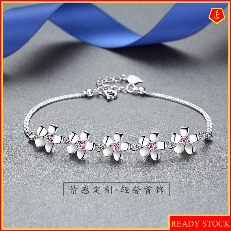 [Ready Stock]925 Silver Inlaid Pink Diamond Cherry Blossom Bracelet