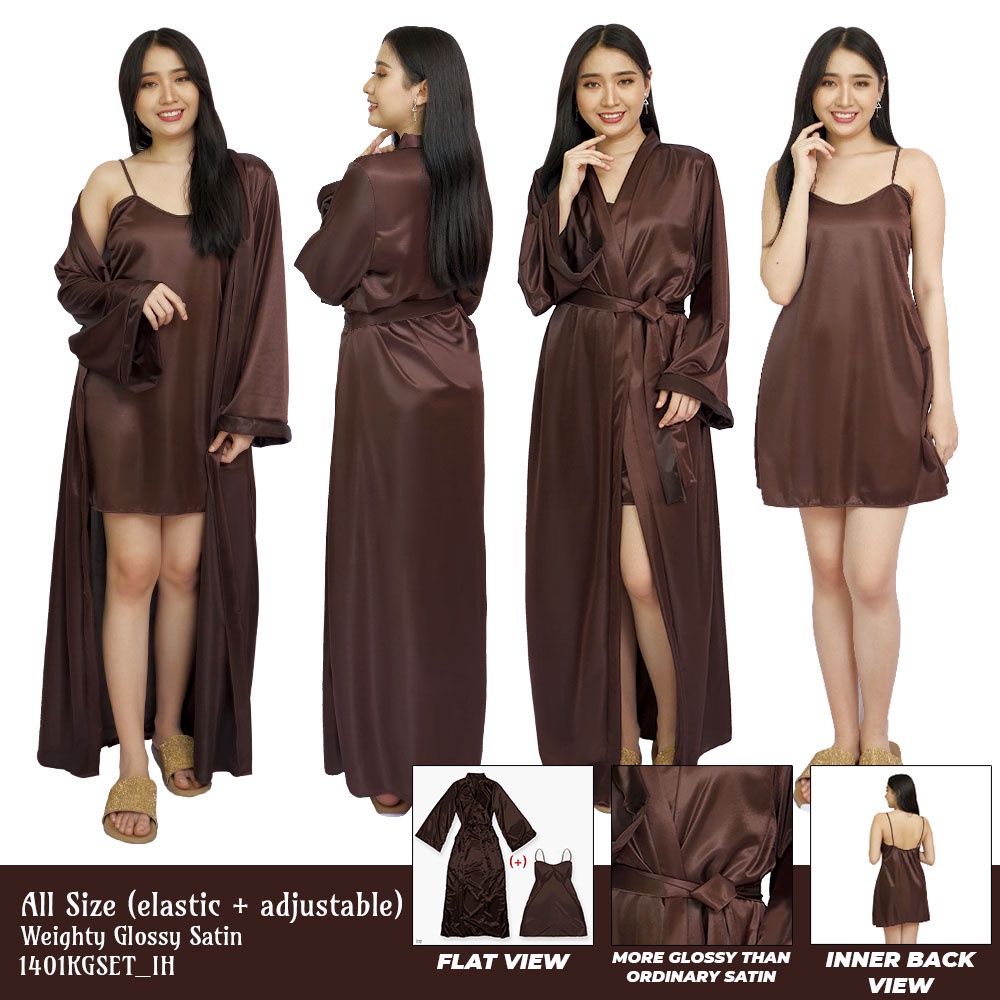 FOLVA kimono set baju tidur satin 1401KGSET coklat all size