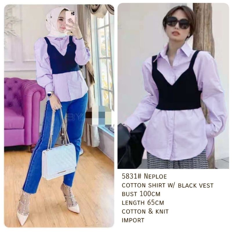 MDLV ~ 5831 NEPLOE PLAIN SHIRT W VEST SET KEMEJA DAN VEST RAJUT ELASTIS FASHION IMPORT WANITA