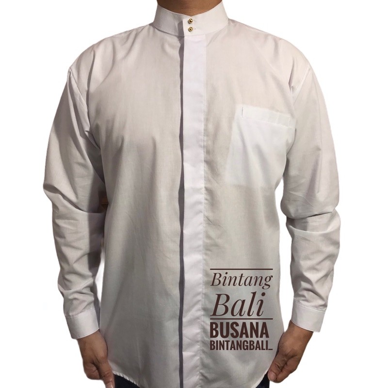 Kemeja Semi Safari Bali Putih bahan Katun ST Lengan Panjang Model Mangku Kancing Dalam Sembahyang ke