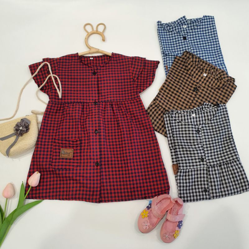 Dress Anak Kotak-Kotak Full kancing 3-5 Tahun Laurakidshop