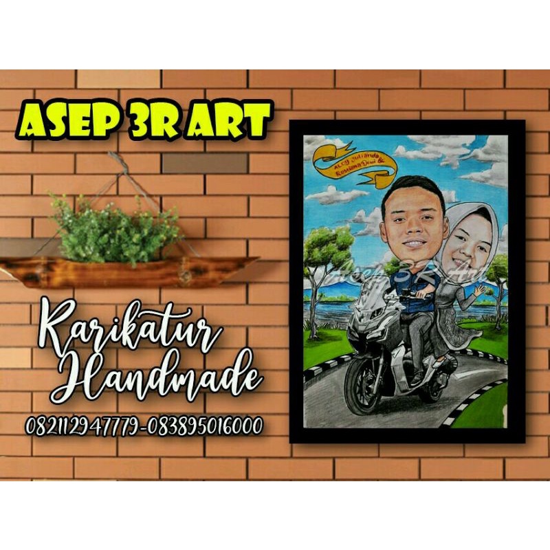 lukisan karikatur wajah handmade 2 wajah uk.A3 + bingkai kaca