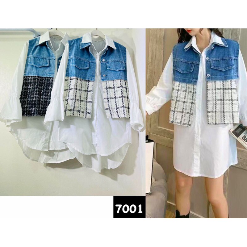 ONE SET DENIM JEANS KEMEJA WANITA KEKINIAN KATUN POLOS KOREA STYLE LENGAN PANJANG JUMBO IMPORT BANGK