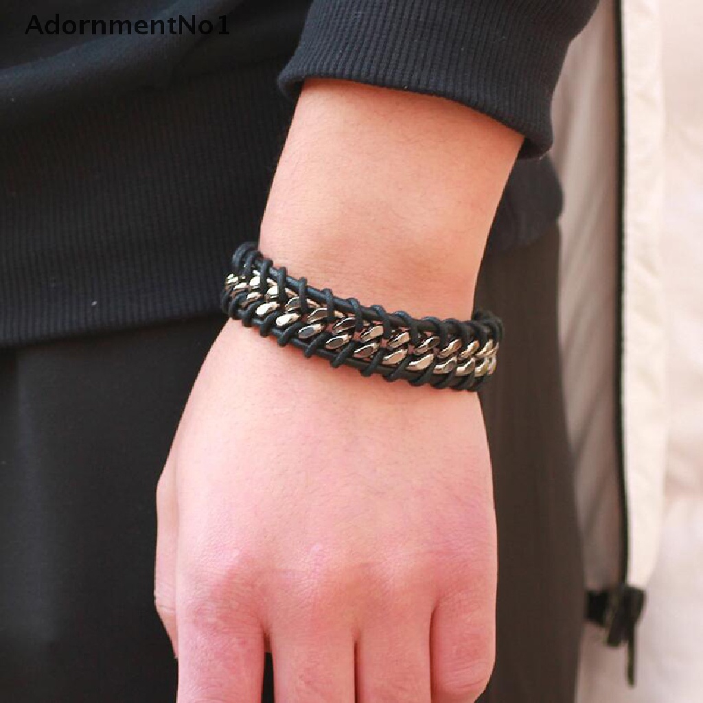 (AdornmentNo1) Gelang Bangle Kulit Pu Multisusun Gaya Vintage Punk Untuk Pria