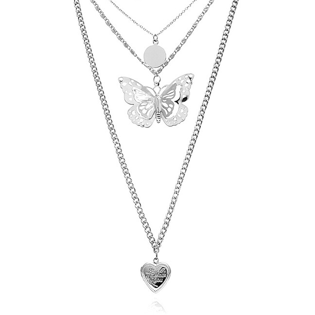 LRC Kalung Fashion K Three-dimensional Wafer Butterfly Hollow Heart Open Multi-layer Necklace