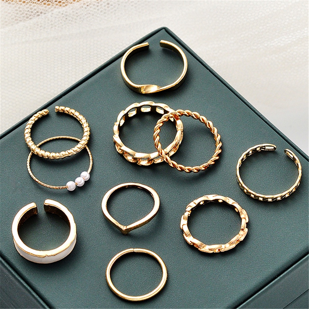 10pcs / set Cincin Knuckle Kombinasi Desain Geometri Hias Mutiara Gaya Simple Untuk Wanita