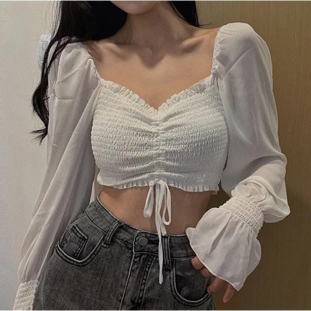 Korean Off Shoulder Crop Blouse Atasan Lengan Panjang 1266 (S/M/L)